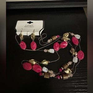 A set of Pink Beaded Necklace and Earrings.